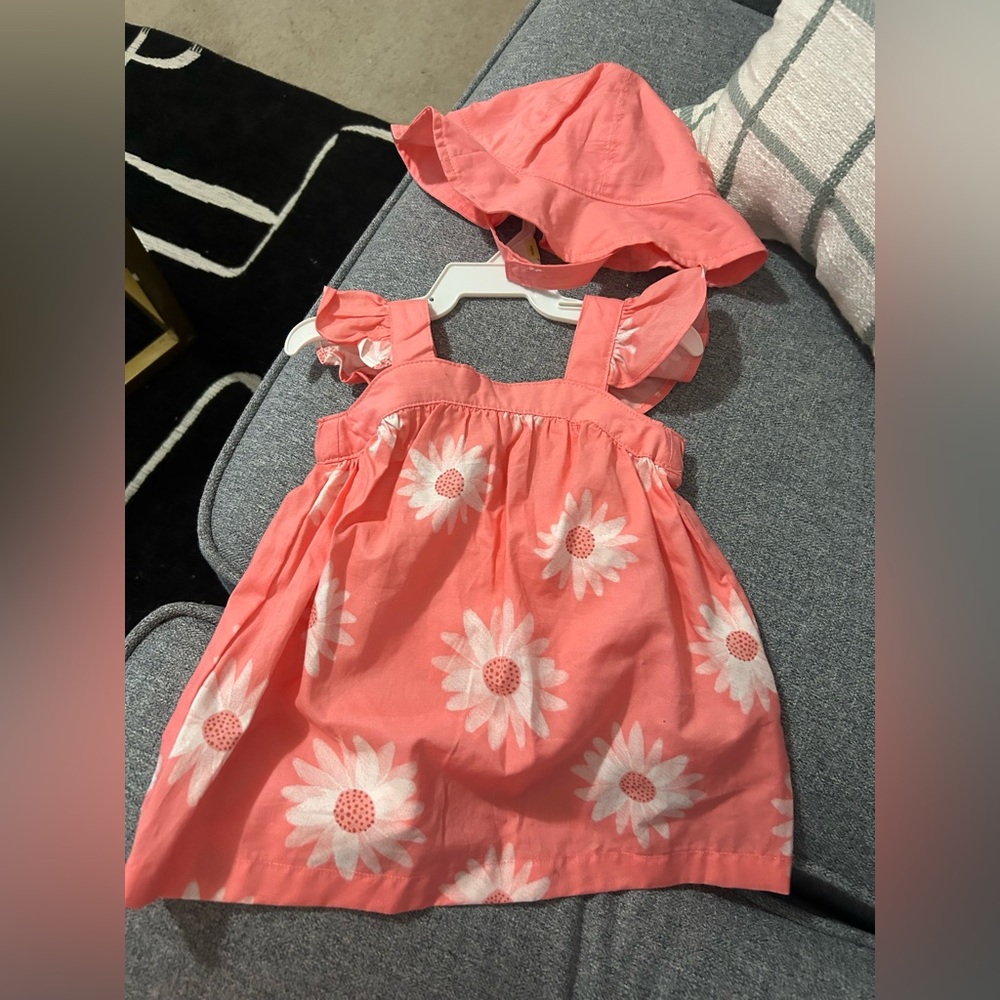 Coral Floral Baby Dress with Hat